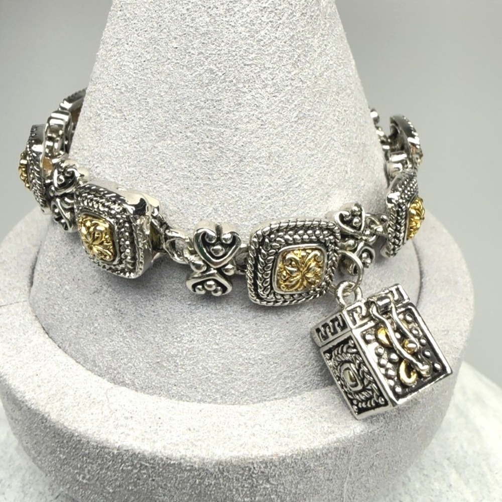 Vintage Charm Link Bracelet Prayer Box Mixed Metal 1990s Southwestern 6.75"